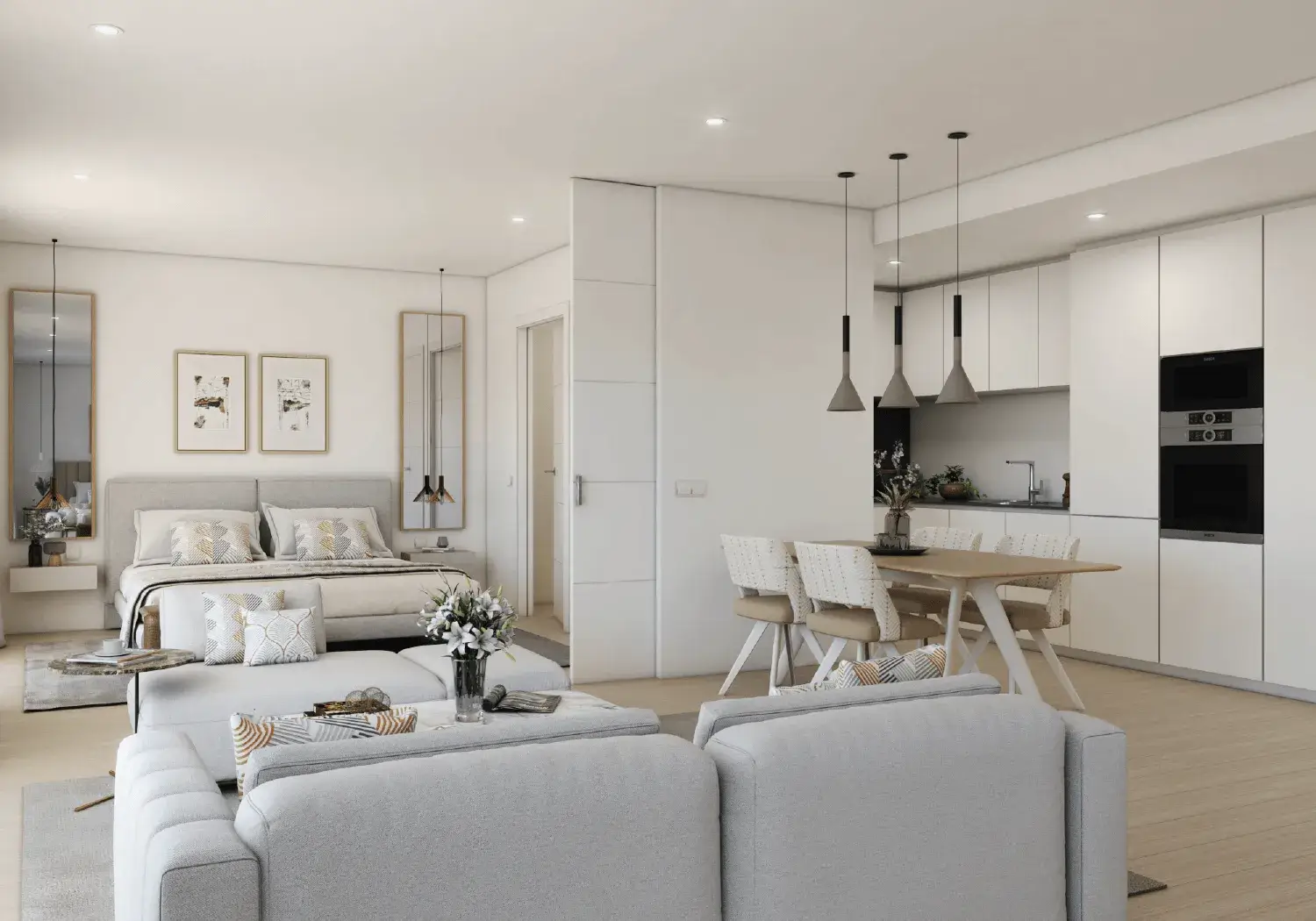 Panoramic aerial view of the Alcazaba Lagoon complex surrounded by greenery and water.