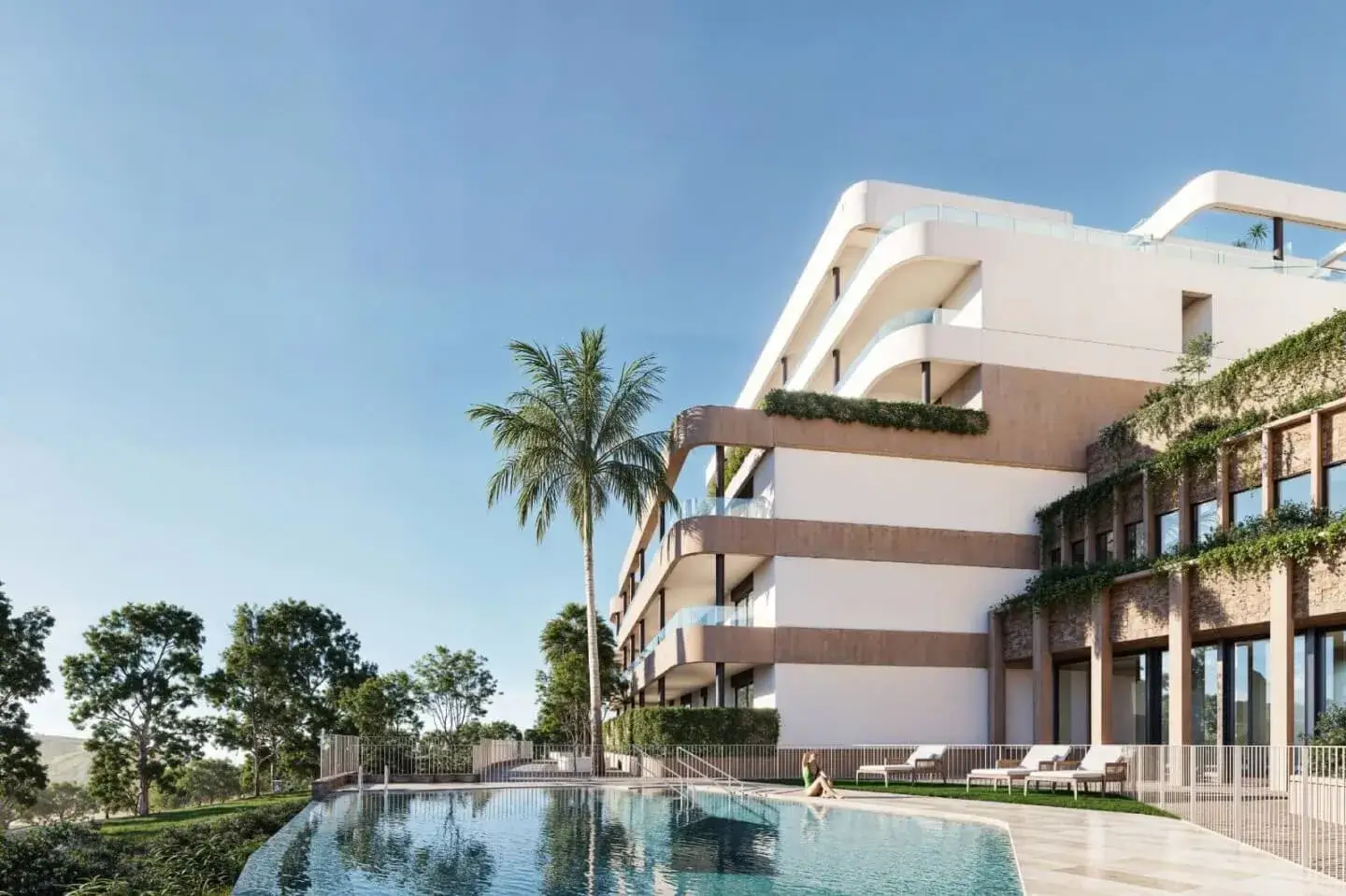 Contemporary multi-level residences of Birdie Hills surrounded by lush greenery and panoramic views over Estepona.